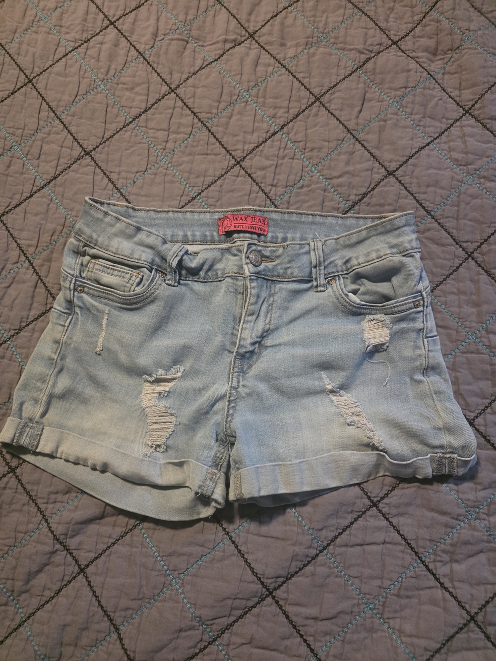 Wax Jean Light Blue Distressed Roll-Hem Denim Shorts